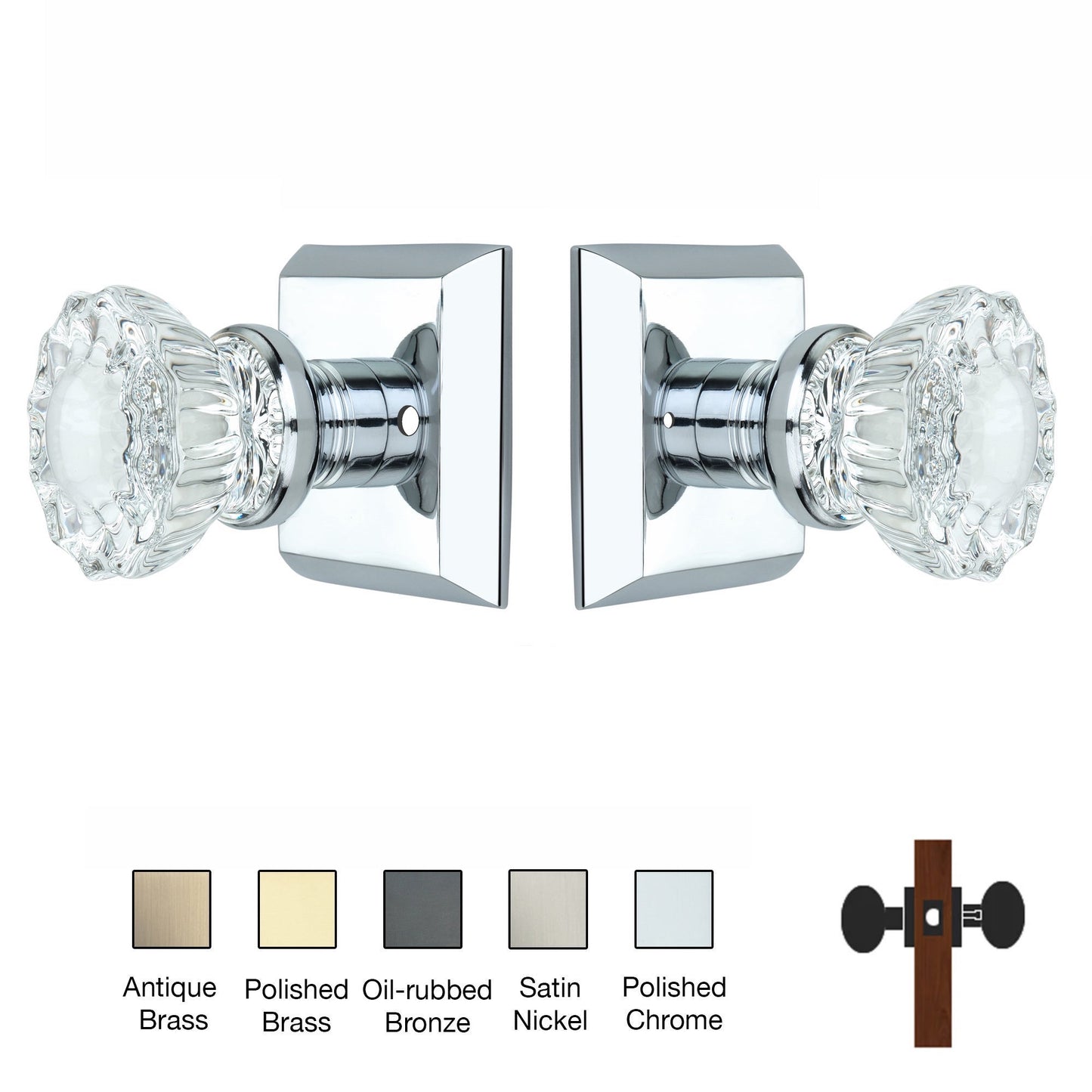 Metro Square Rose with Crystal Door Knobs - Privacy / Bathroom / Bedroom