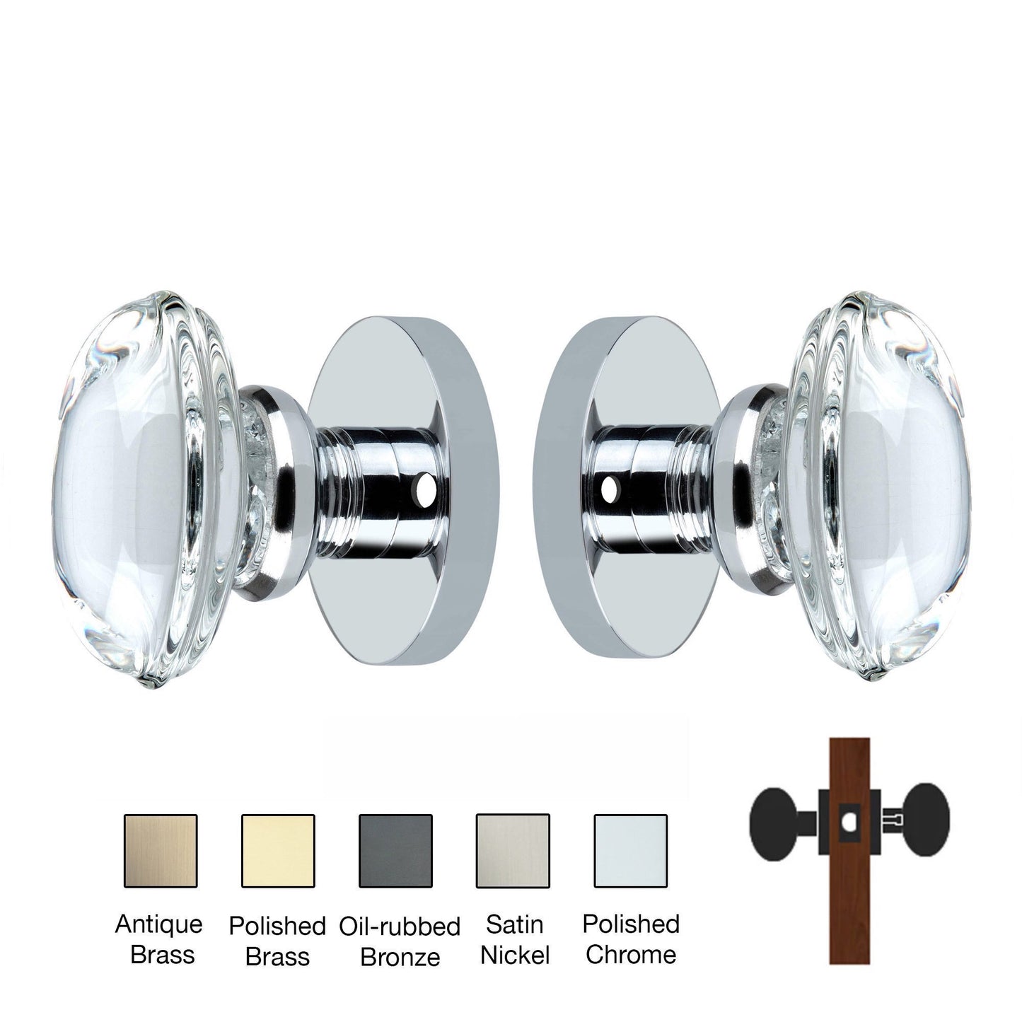 Round Rose with Oval Crystal Door Knobs - Privacy / Bedroom / Bathroom