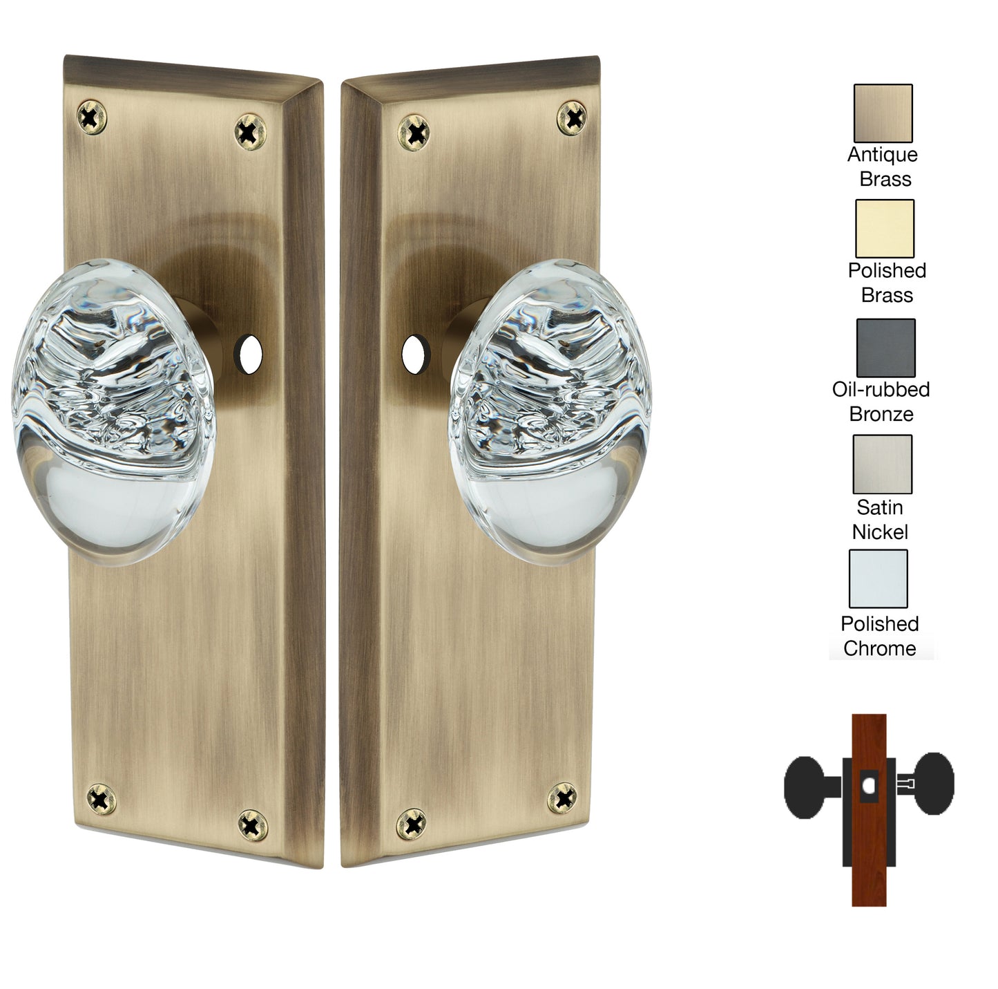 Colonial Plate with Oval Crystal Knob - Privacy / Bedroom / Bathroom