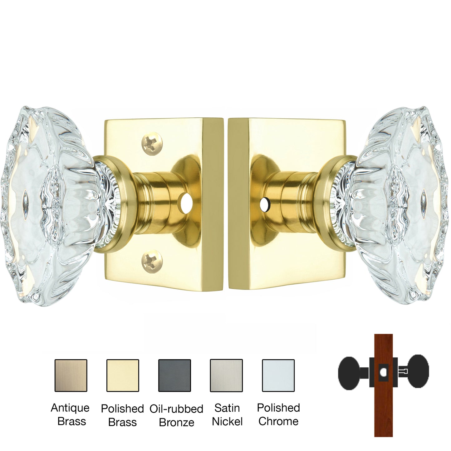 Square Rose with Calvert Crystal Door Knobs - Privacy / Bedroom / Bathroom