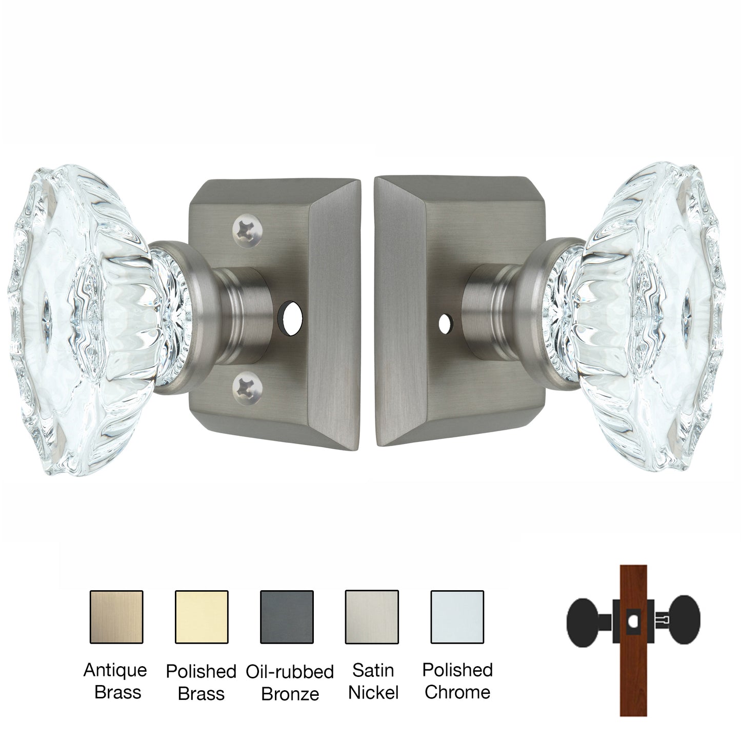 Metro Square Rose with Calvert Crystal Door Knobs - Privacy / Bedroom / Bathroom