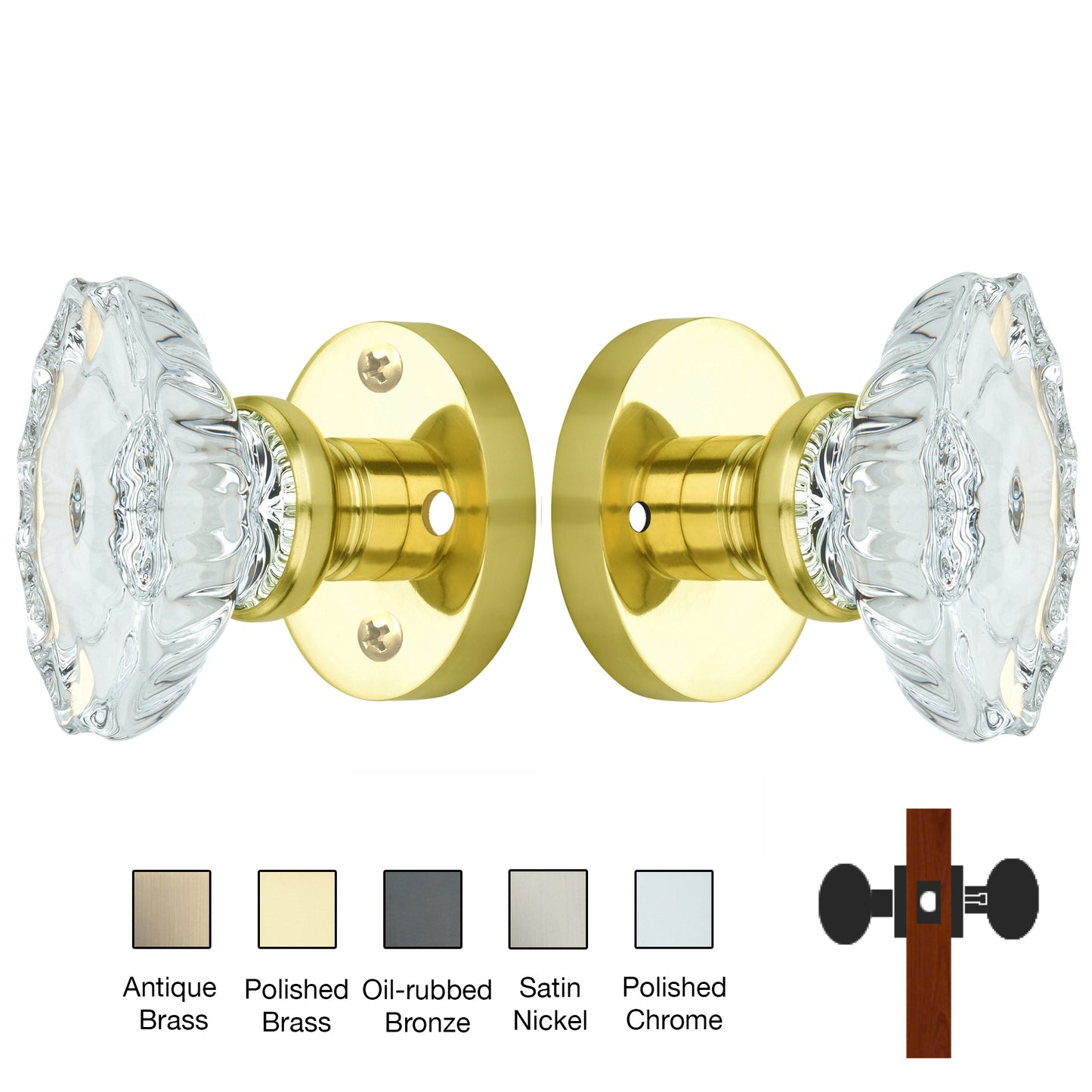 Round Rose with Calvert Crystal Door Knobs - Privacy / Bedroom / Bathroom