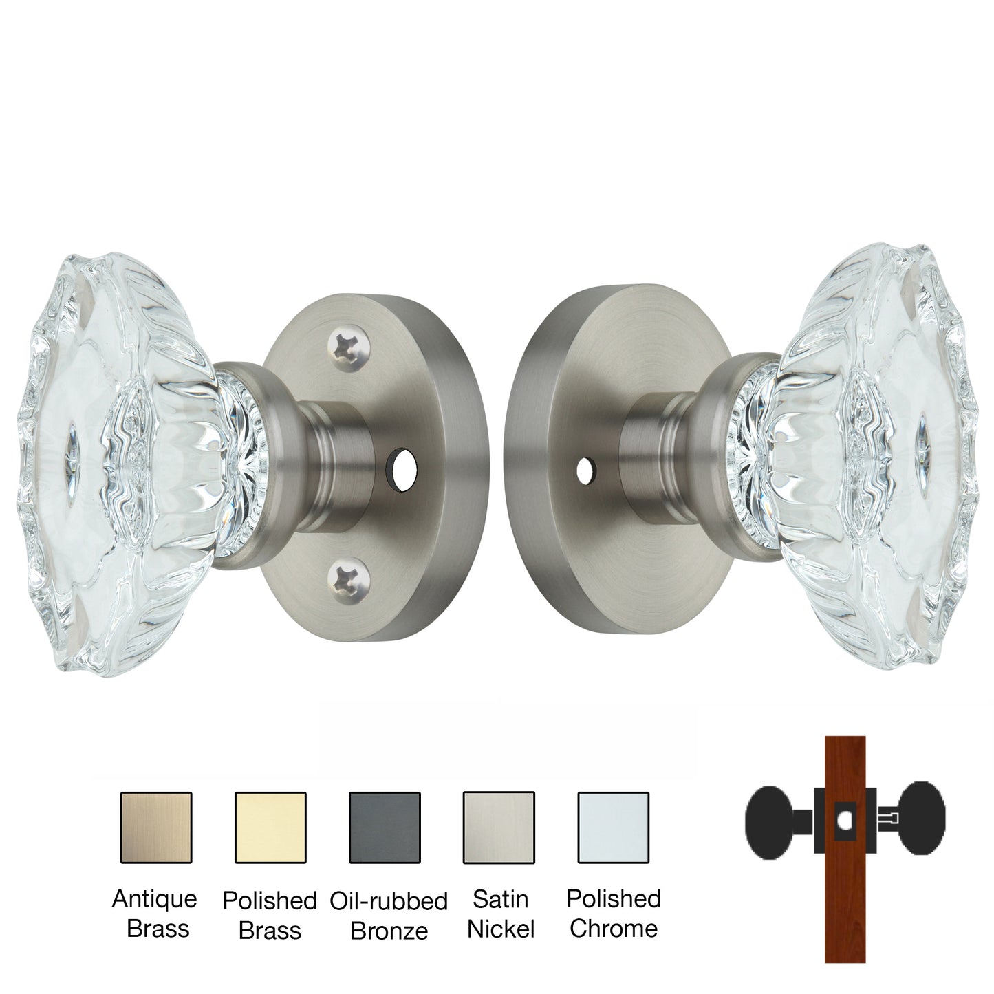 Round Rose with Calvert Crystal Door Knobs - Privacy / Bedroom / Bathroom