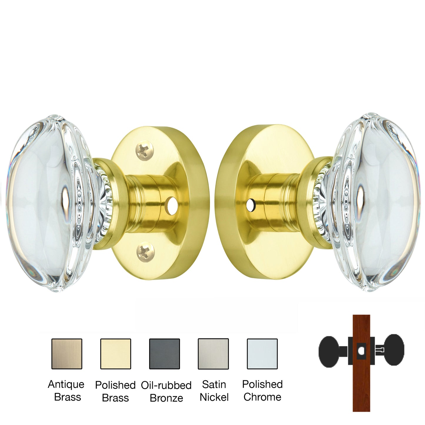 Round Rose with Oval Crystal Door Knobs - Privacy / Bedroom / Bathroom